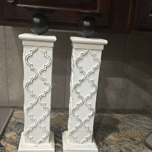 Distressed White Carved Pillar Candle Holders with Black Accents - Pair